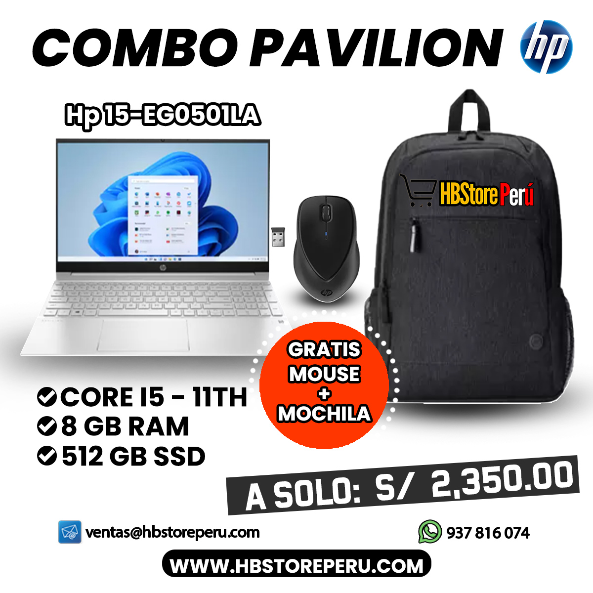 Hp Pavilion 15-EG0501LA I5 8GB RAM 512GB SSD + MOCHILA Y MOUSE